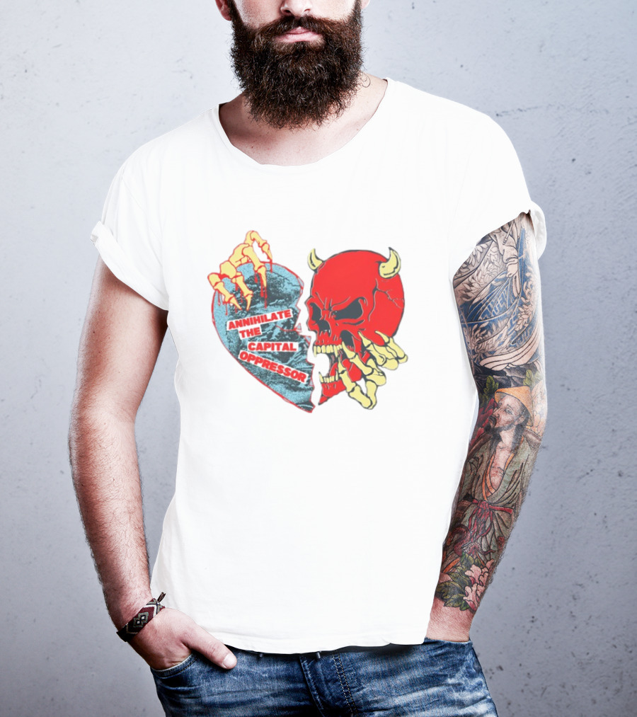 Annihilate The Capital Oppressor Red Skull And Skeleton Heart Design T-Shirt