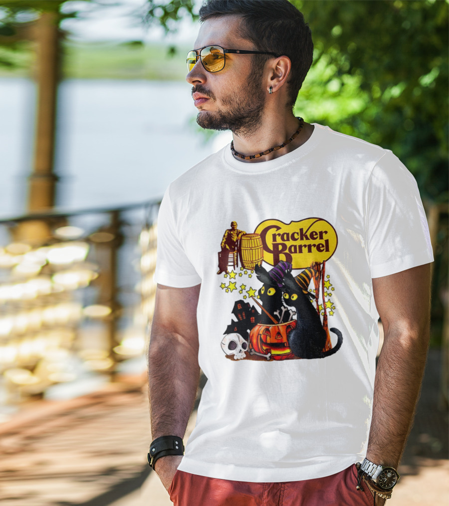 Cracker Barrel Halloween 2025 Black Cat Witches Pumpkin Stars Skulls T-Shirt