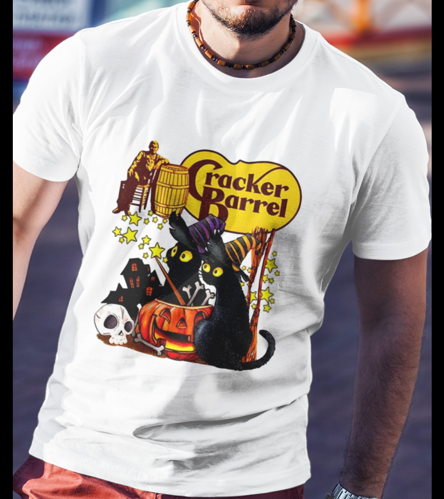 Cracker Barrel Halloween 2025 Black Cat Witches Pumpkin Stars Skulls T-Shirt