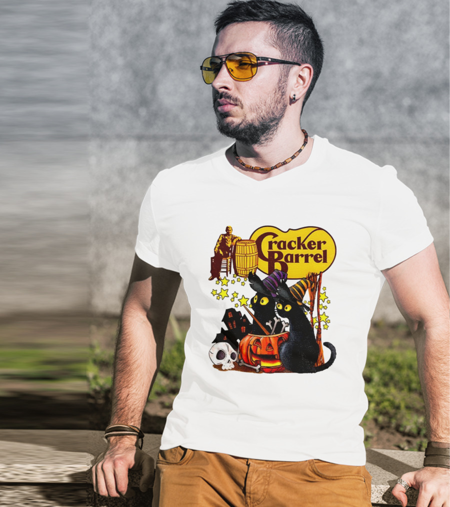 Cracker Barrel Halloween 2025 Black Cat Witches Pumpkin Stars Skulls T-Shirt