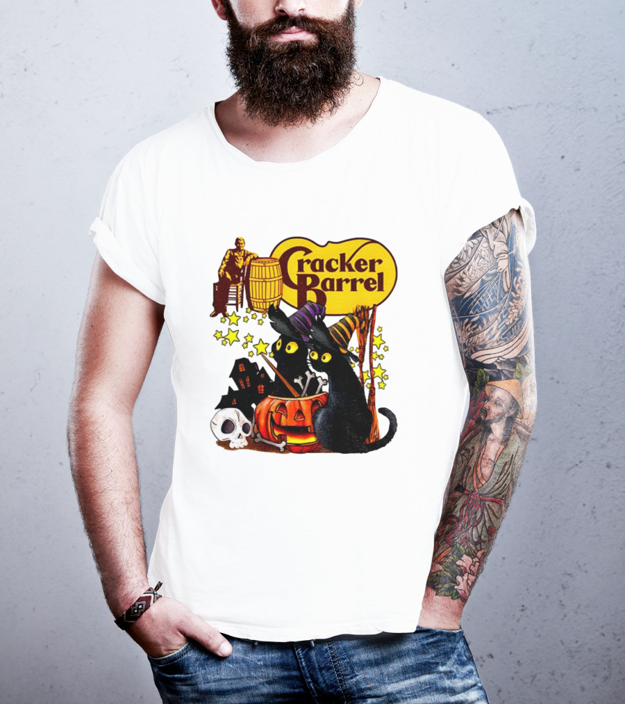 Cracker Barrel Halloween 2025 Black Cat Witches Pumpkin Stars Skulls T-Shirt