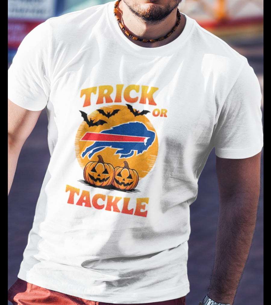 Buffalo Bills Trick Or Tackle Halloween Pumpkins And Bats T-Shirt