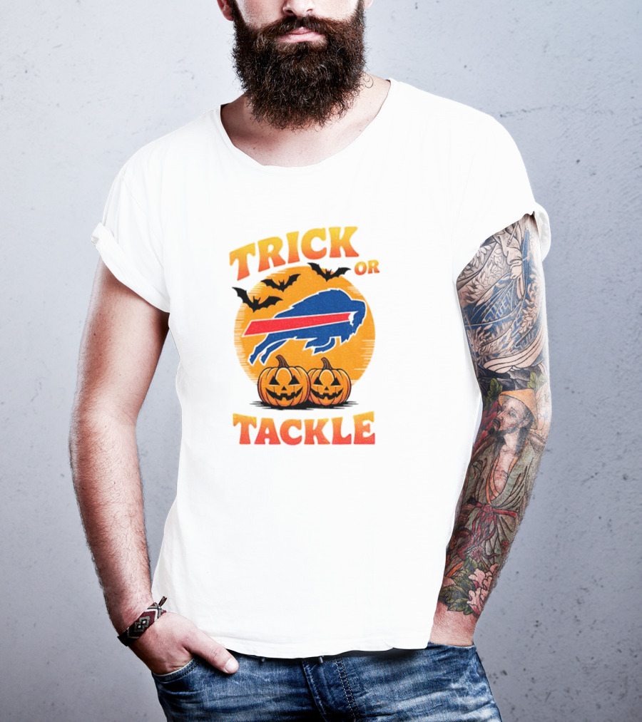Buffalo Bills Trick Or Tackle Halloween Pumpkins And Bats T-Shirt