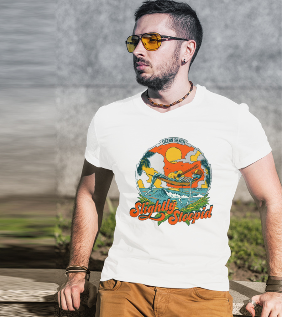 Slightly Stoopid Ocean Beach Skeleton Hammock Sun Guitar T-Shirt