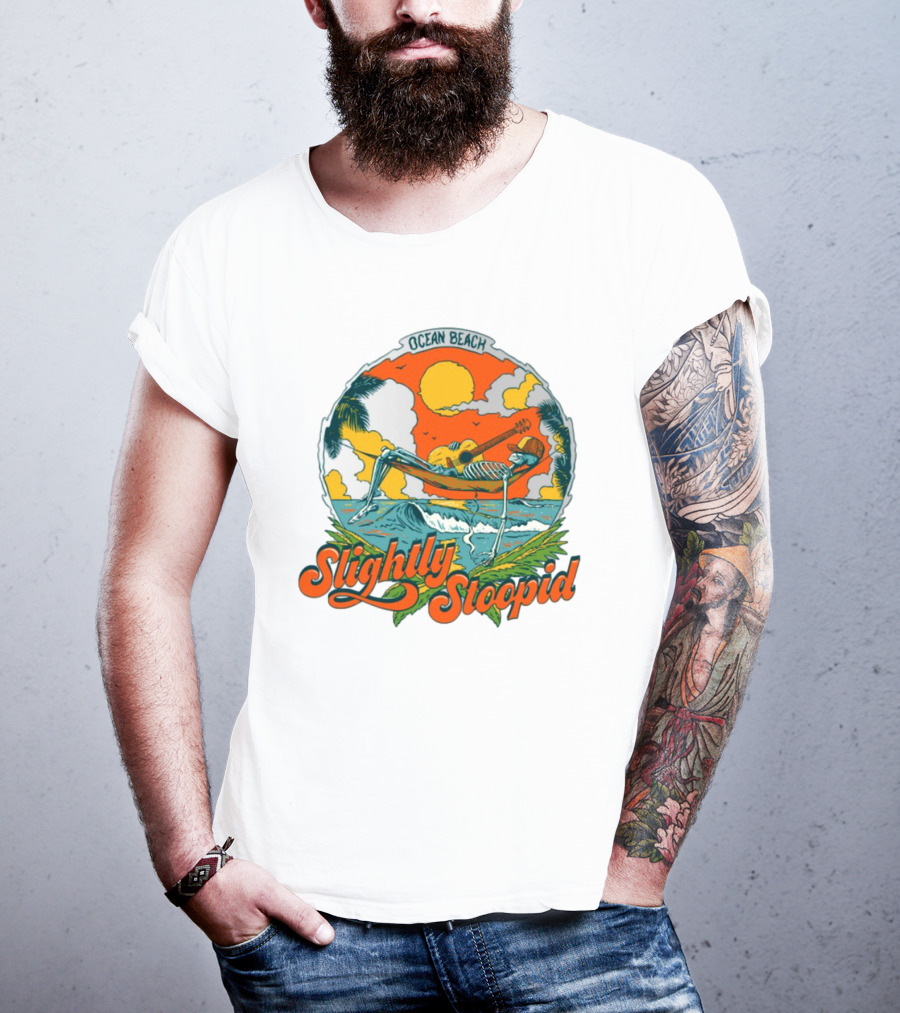 Slightly Stoopid Ocean Beach Skeleton Hammock Sun Guitar T-Shirt