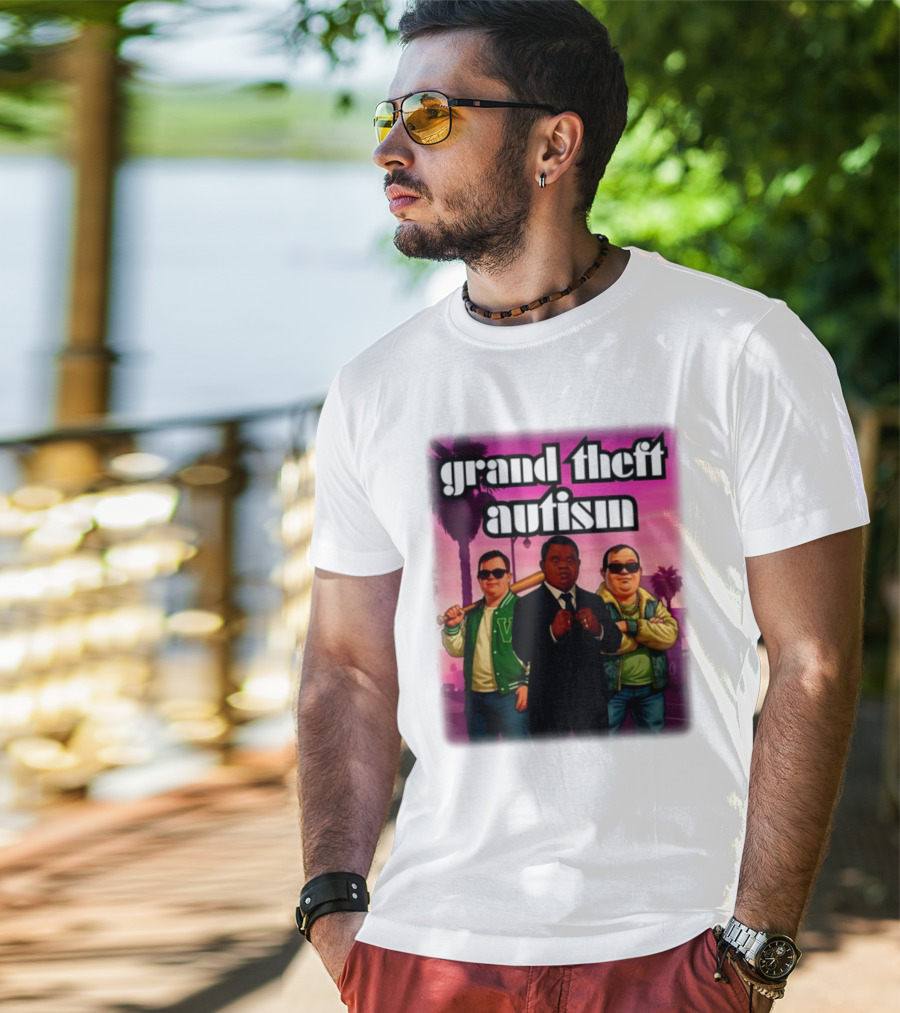 Grand Theft Autism Characters In Iconic Urban Setting T-Shirt