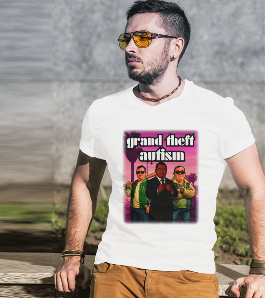 Grand Theft Autism Characters In Iconic Urban Setting T-Shirt