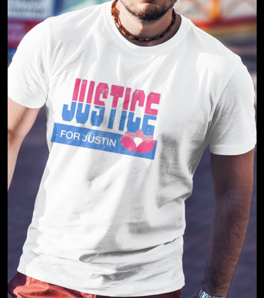 Justice For Justin LGBTQ Pride Pink And Blue Bold Text With Heart Symbol T-Shirt