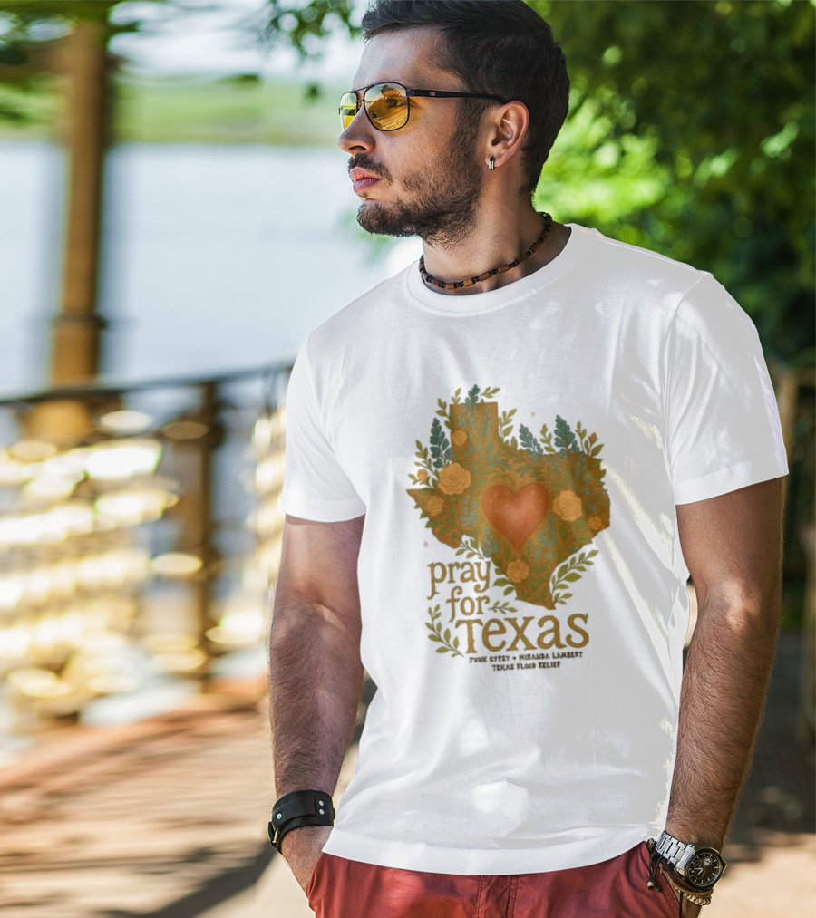 Pray For Texas Flood Relief Heart And Floral Pattern T-Shirt