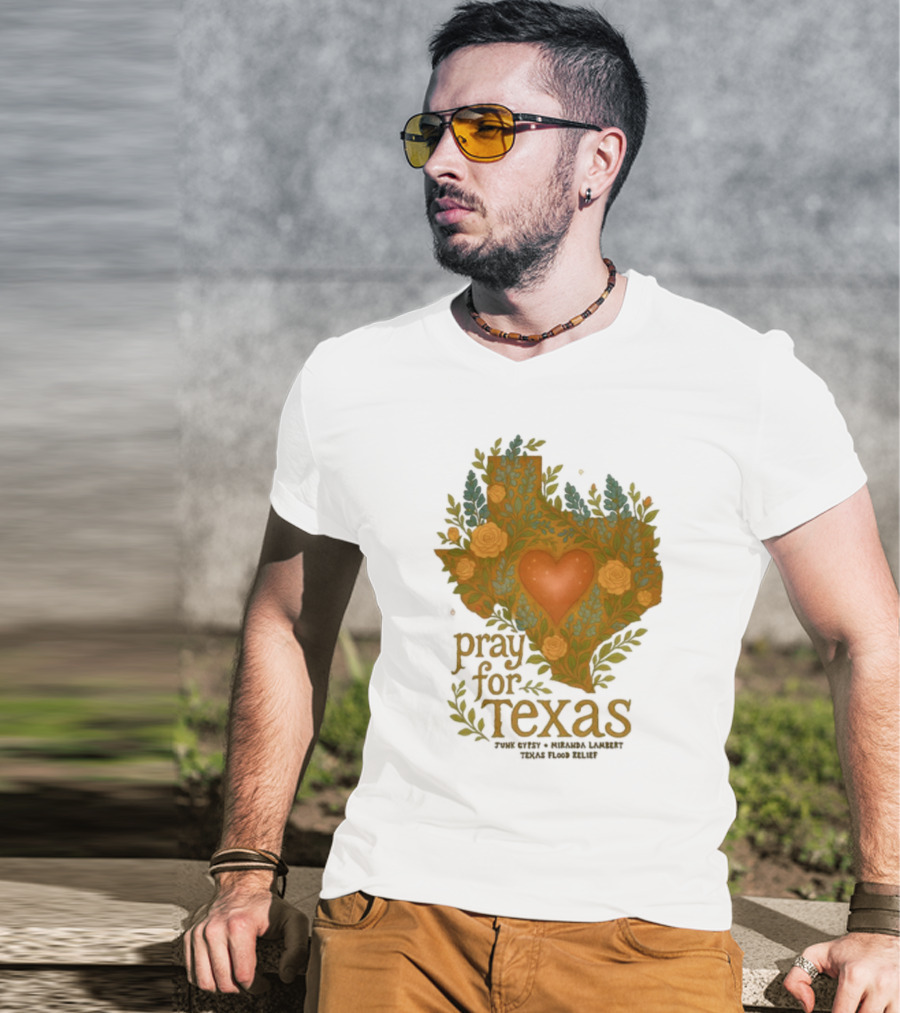 Pray For Texas Flood Relief Heart And Floral Pattern T-Shirt