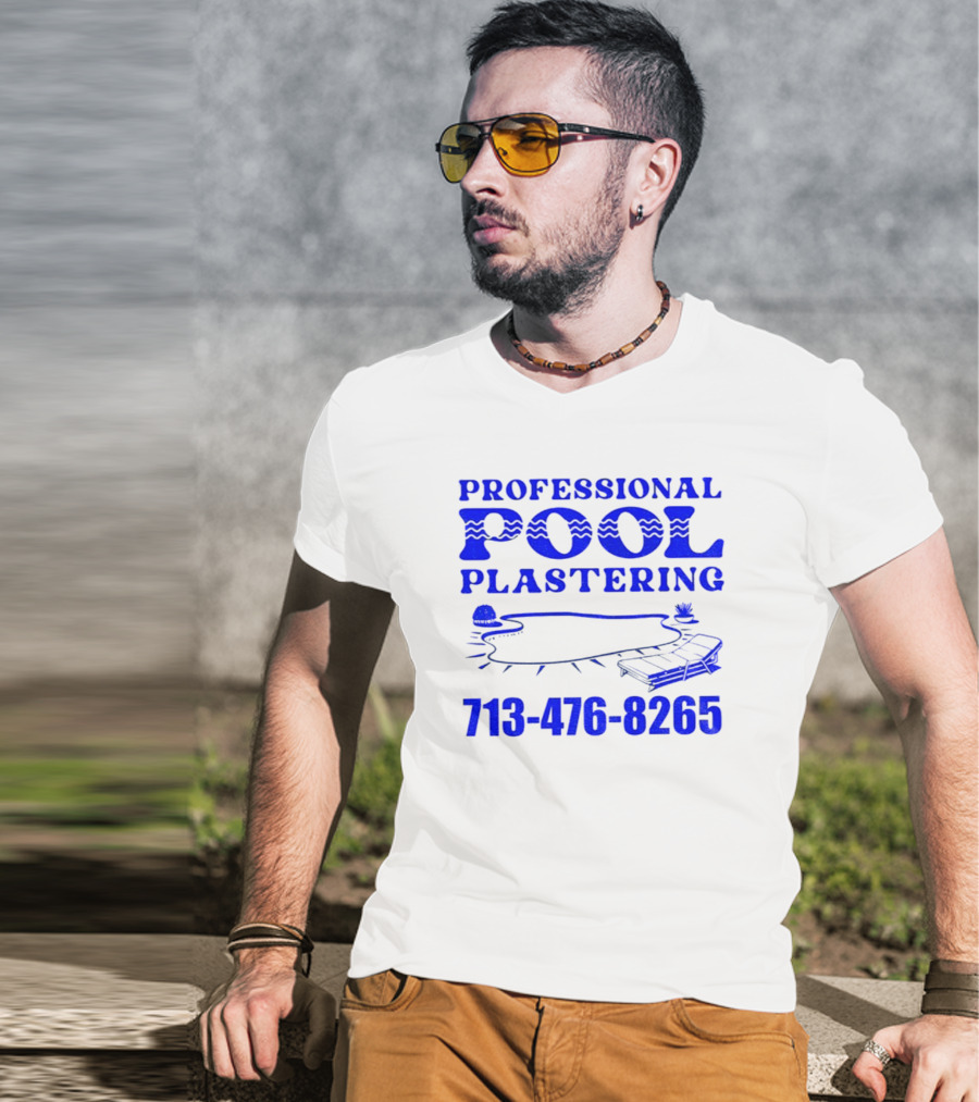 PROFESSIONAL POOL PLASTERING 713-476-8265 POOL OUTLINE COCKTAIL AND PALM TREE ICONS T-Shirt