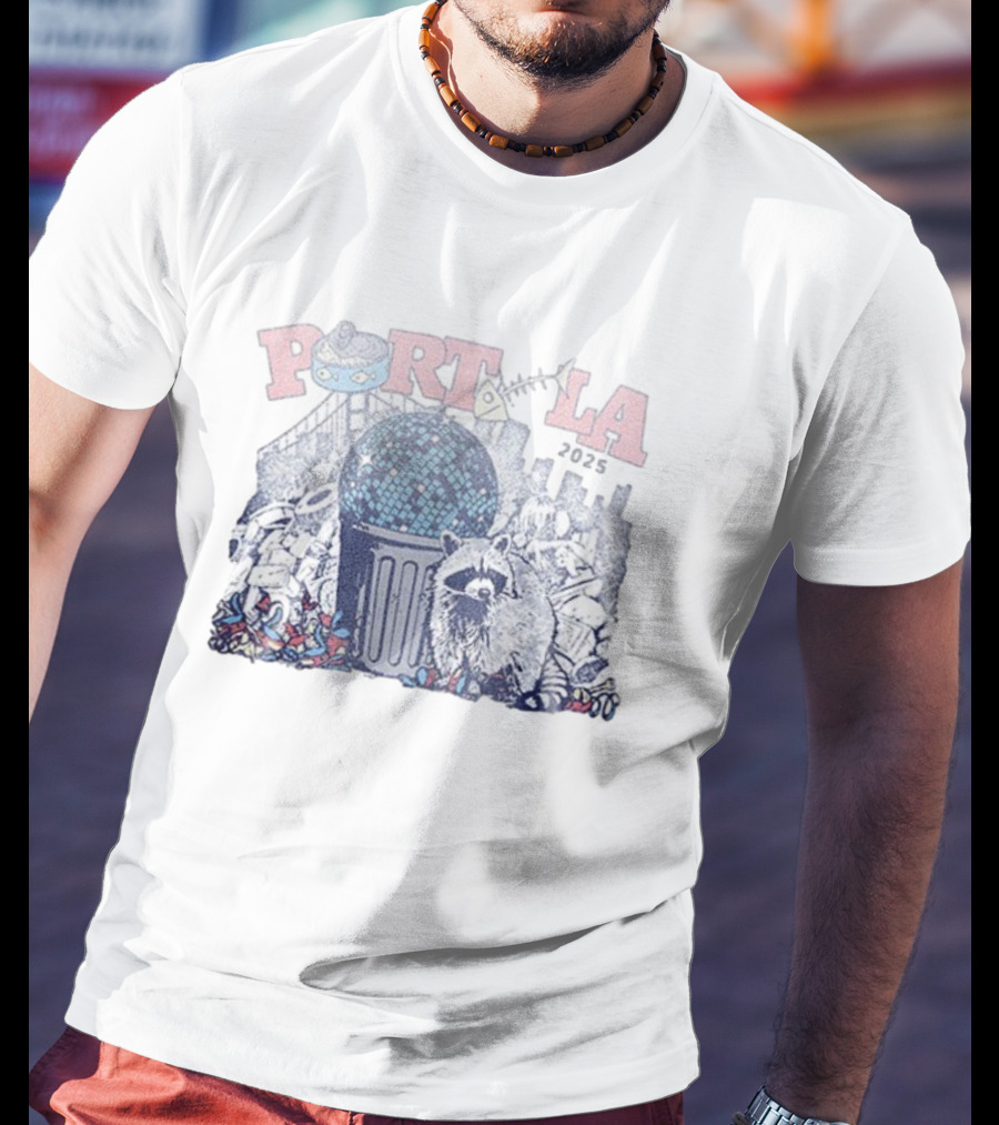 Portola 2025 Dumpster Disco Lineup Raccoon And Trashcan Disco Ball T-Shirt