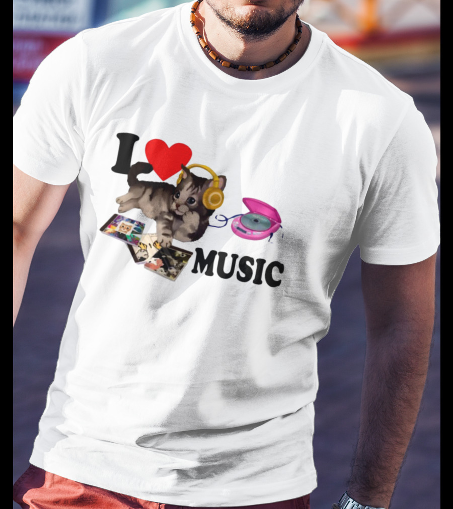 I Love Music Cat Headphones Portable CD Player Cute Cat Photos T-Shirt