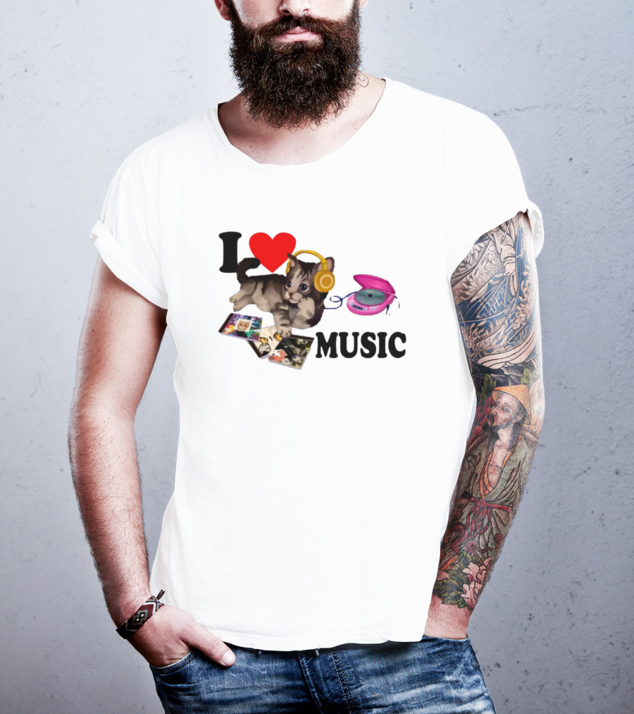 I Love Music Cat Headphones Portable CD Player Cute Cat Photos T-Shirt