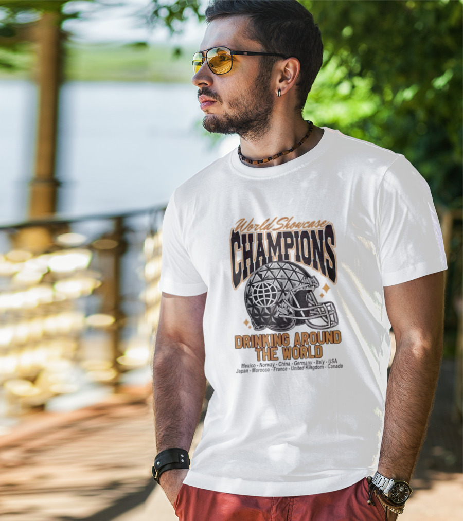 World Showcase Champions Drinking Around The World Helmet USA Canada Spaceship Earth T-Shirt