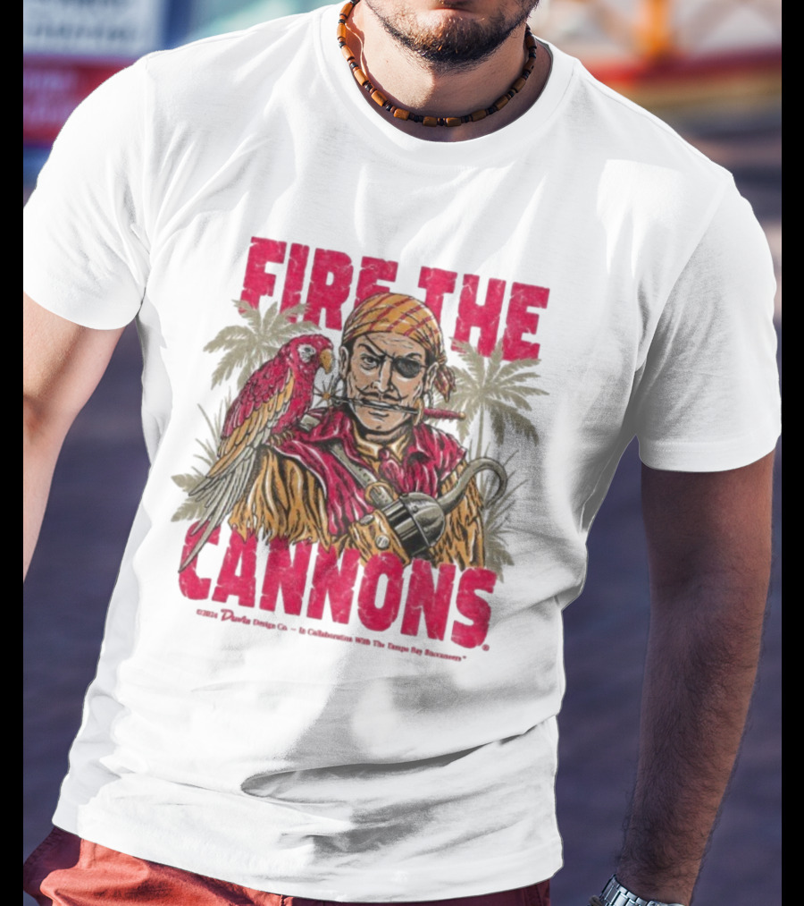 Fire The Cannons Buccaneers Pirate Parrot Palm Trees T-Shirt