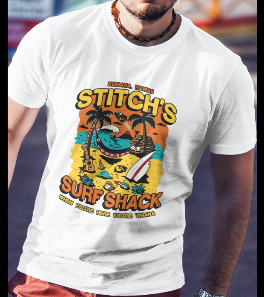Kokaua Hawaii Stitch's Surf Shack When You're Here You're 'Ohana T-Shirt