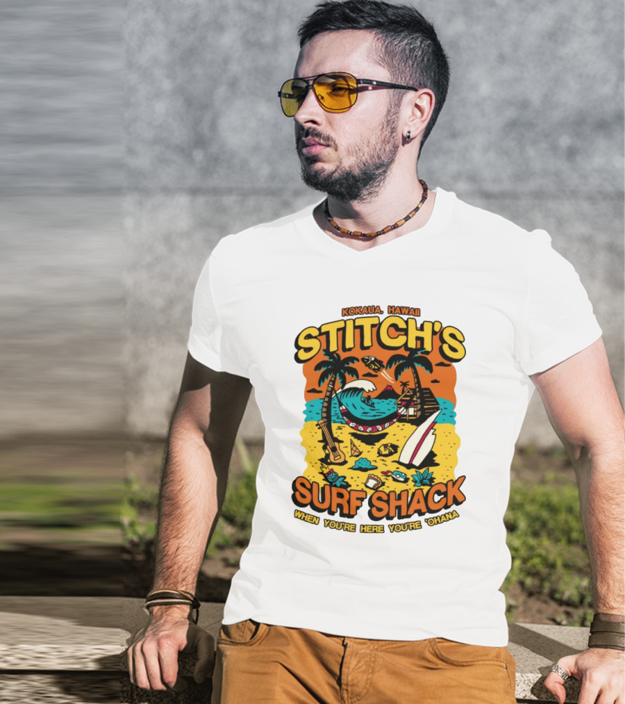Kokaua Hawaii Stitch's Surf Shack When You're Here You're 'Ohana T-Shirt