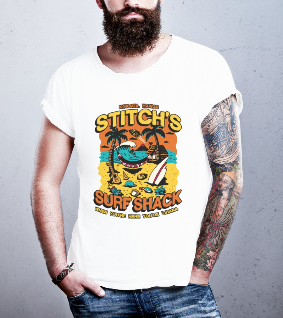 Kokaua Hawaii Stitch's Surf Shack When You're Here You're 'Ohana T-Shirt