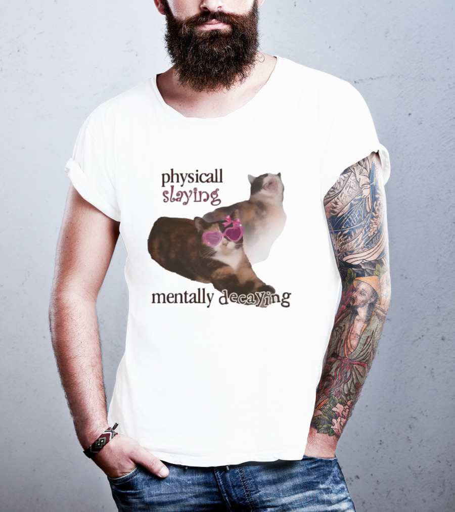 ```Snazzyseagull Physically Slaying Mentally Decaying Cat With Pink Heart Sunglasses``` T-Shirt