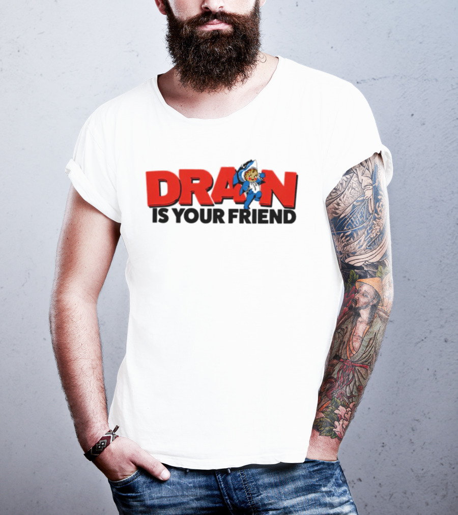 Drain Kewpie Friend In Red Block Letters With Cartoon Character T-Shirt
