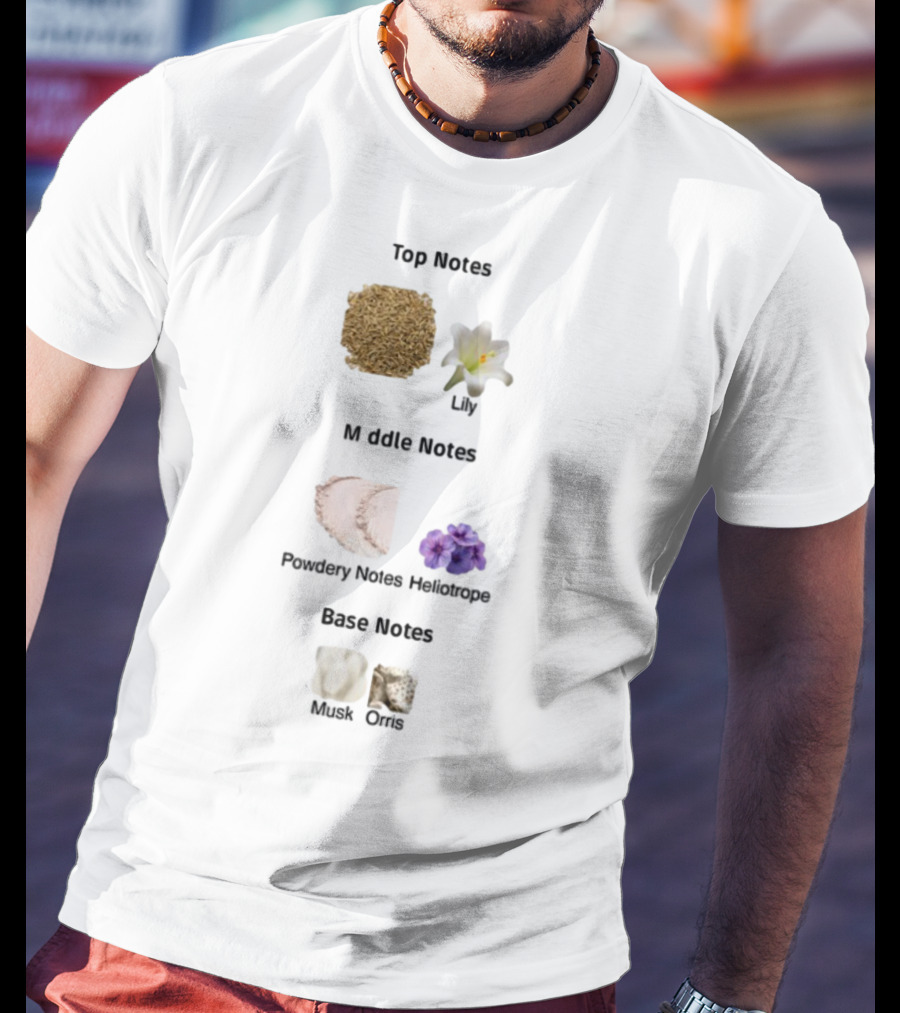 Top Notes Cumin Lily Middle Notes Powdery Heliotrope Base Notes Musk Orris T-Shirt