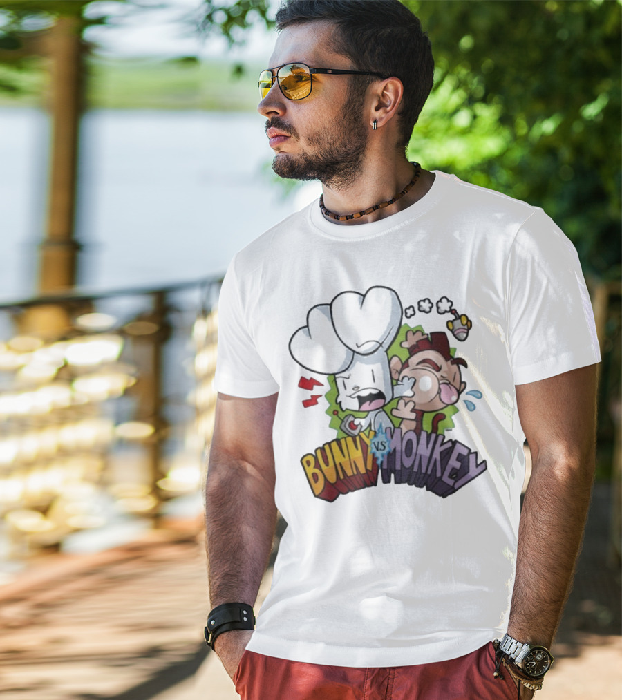 Bunny Vs Monkey Cartoon Rivalry Comic Style T-Shirt
