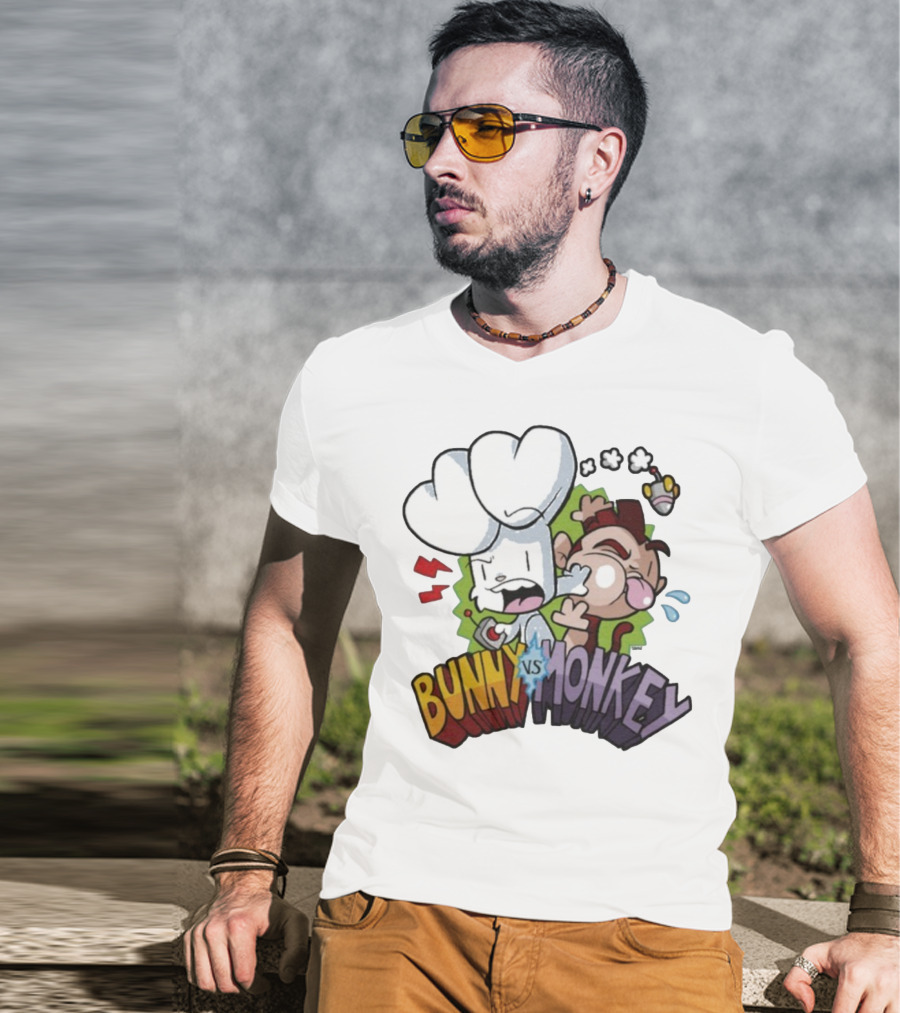 Bunny Vs Monkey Cartoon Rivalry Comic Style T-Shirt