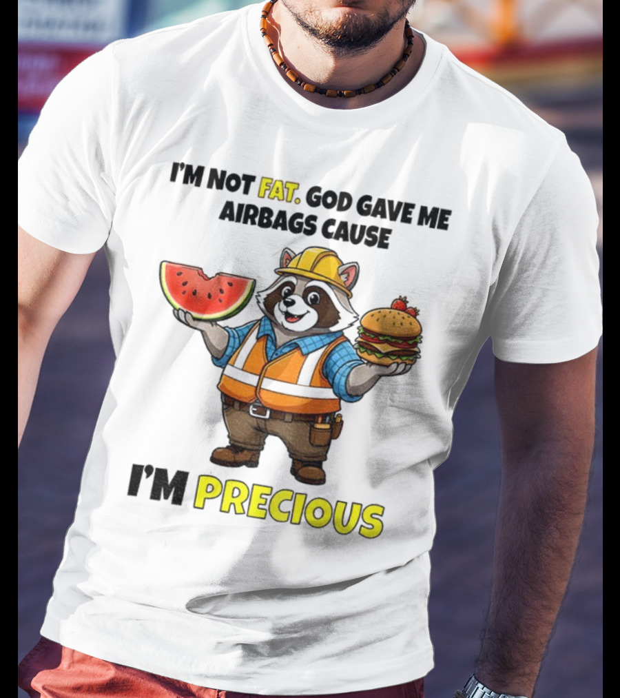 Raccoon In Safety Gear Holding Watermelon And Burger I'm Not Fat Precious T-Shirt