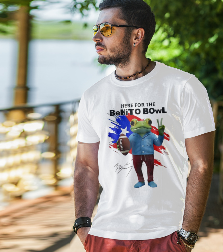 Bad Bunny Here For The Benito Bowl Super Bowl Frogs Puerto Rico Flag Football Peace Sign Signature T-Shirt