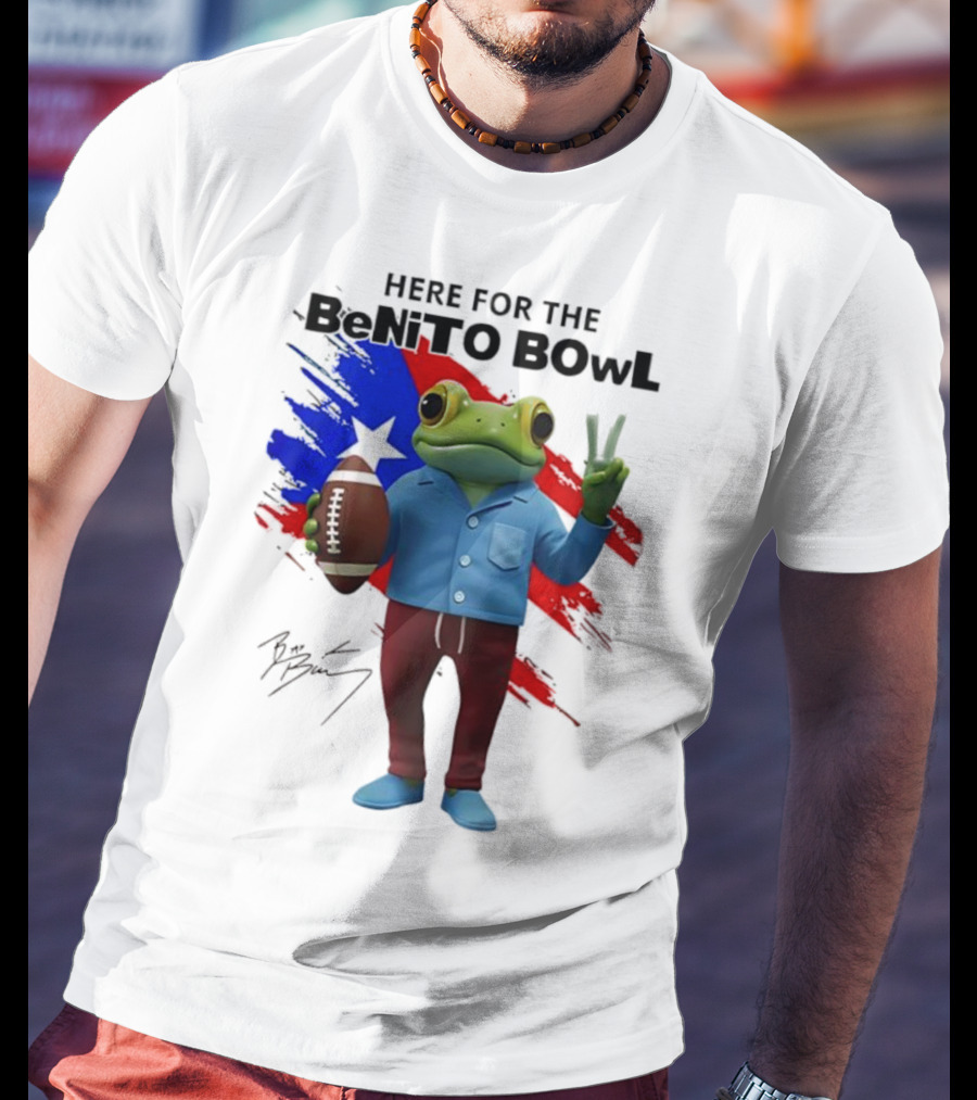 Bad Bunny Here For The Benito Bowl Super Bowl Frogs Puerto Rico Flag Football Peace Sign Signature T-Shirt