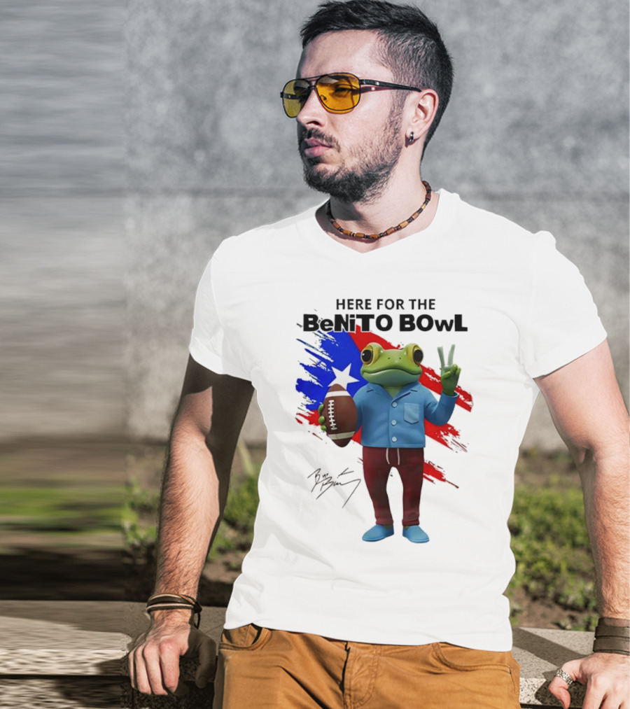 Bad Bunny Here For The Benito Bowl Super Bowl Frogs Puerto Rico Flag Football Peace Sign Signature T-Shirt
