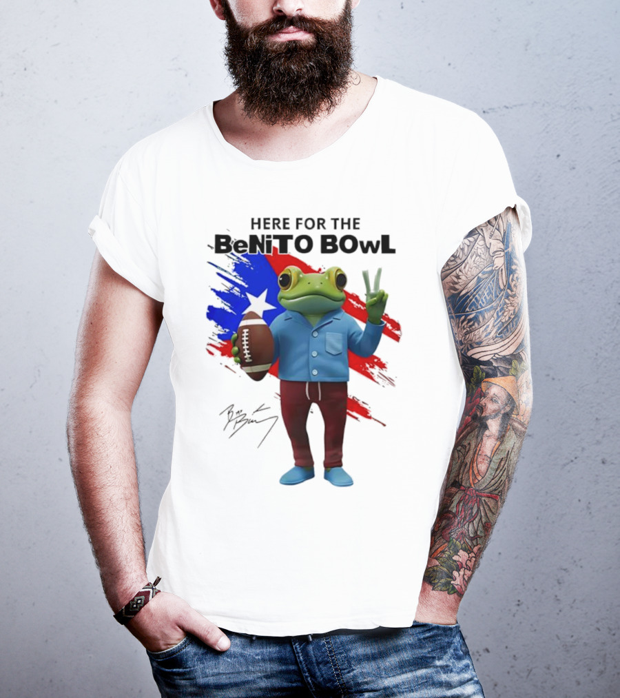 Bad Bunny Here For The Benito Bowl Super Bowl Frogs Puerto Rico Flag Football Peace Sign Signature T-Shirt