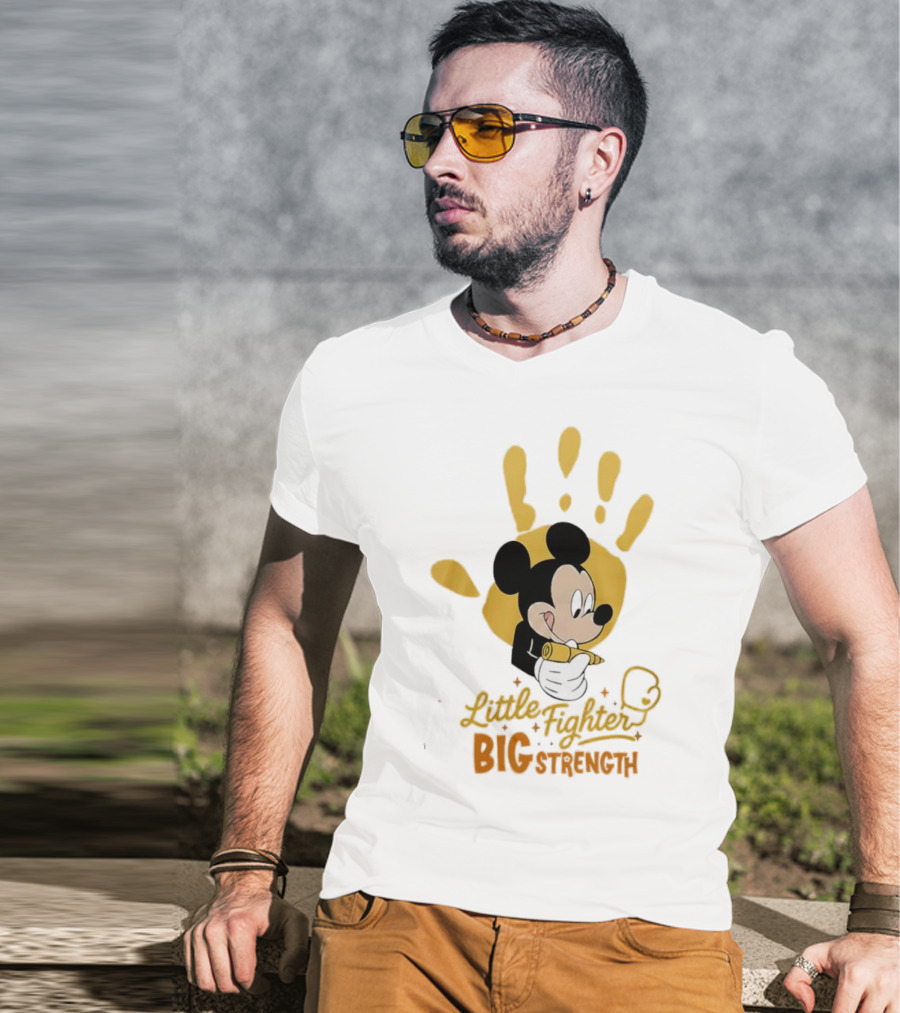 Mickey Mouse Little Fighter Big Strength Cancer Awareness Handprint T-Shirt