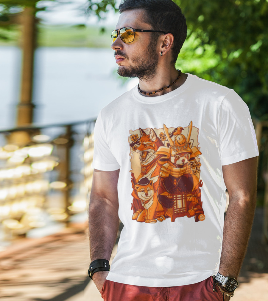 Tenhun Orange Fuzz Samurai Animal Scene T-Shirt