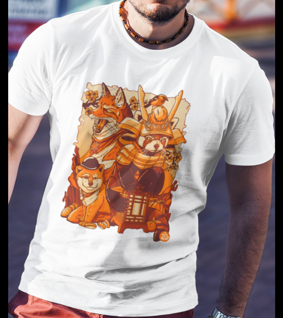 Tenhun Orange Fuzz Samurai Animal Scene T-Shirt