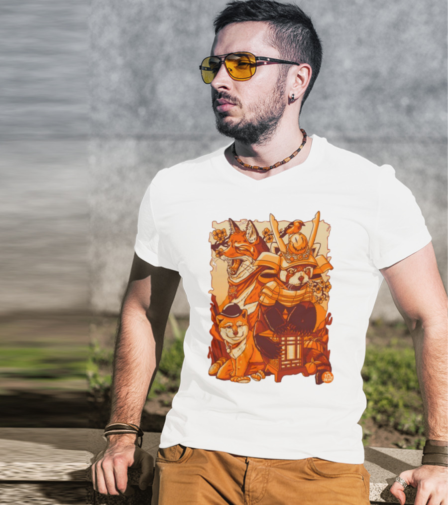 Tenhun Orange Fuzz Samurai Animal Scene T-Shirt