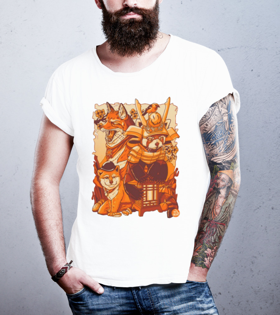 Tenhun Orange Fuzz Samurai Animal Scene T-Shirt