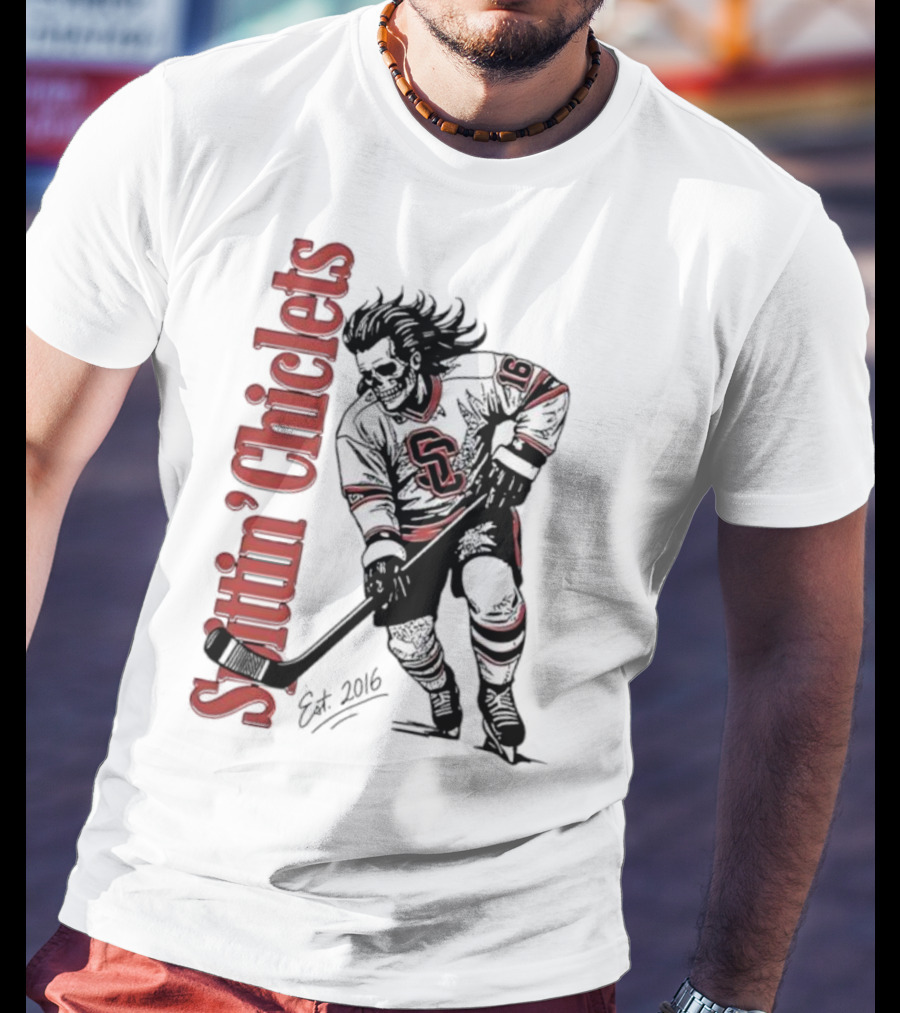 Spittin Chiclets Skullet Skeleton Player Hockey Est 2016 T-Shirt