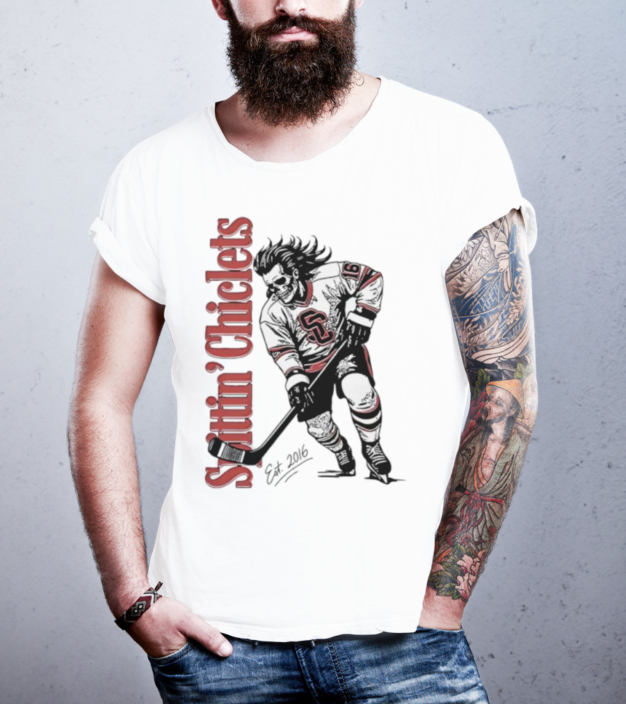Spittin Chiclets Skullet Skeleton Player Hockey Est 2016 T-Shirt