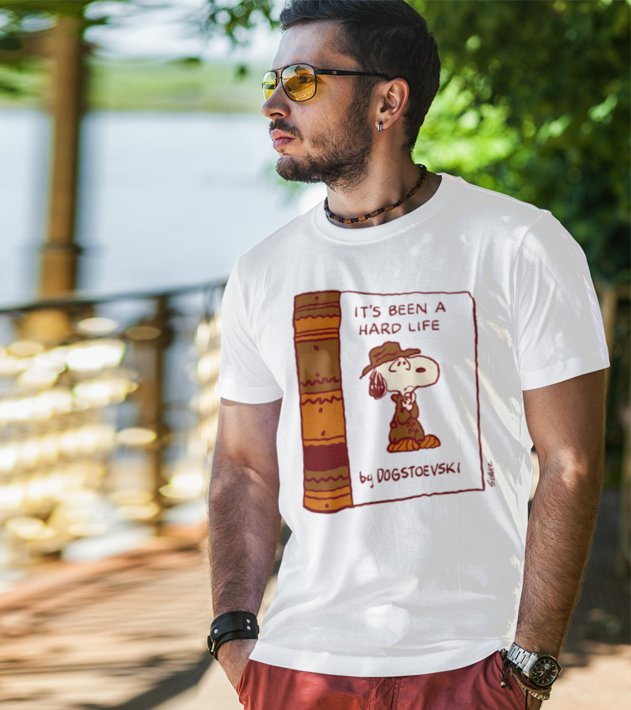 IT'S BEEN A HARD LIFE By DOGSTOEVSKI Snoopy Trench Coat Peanuts Style T-Shirt