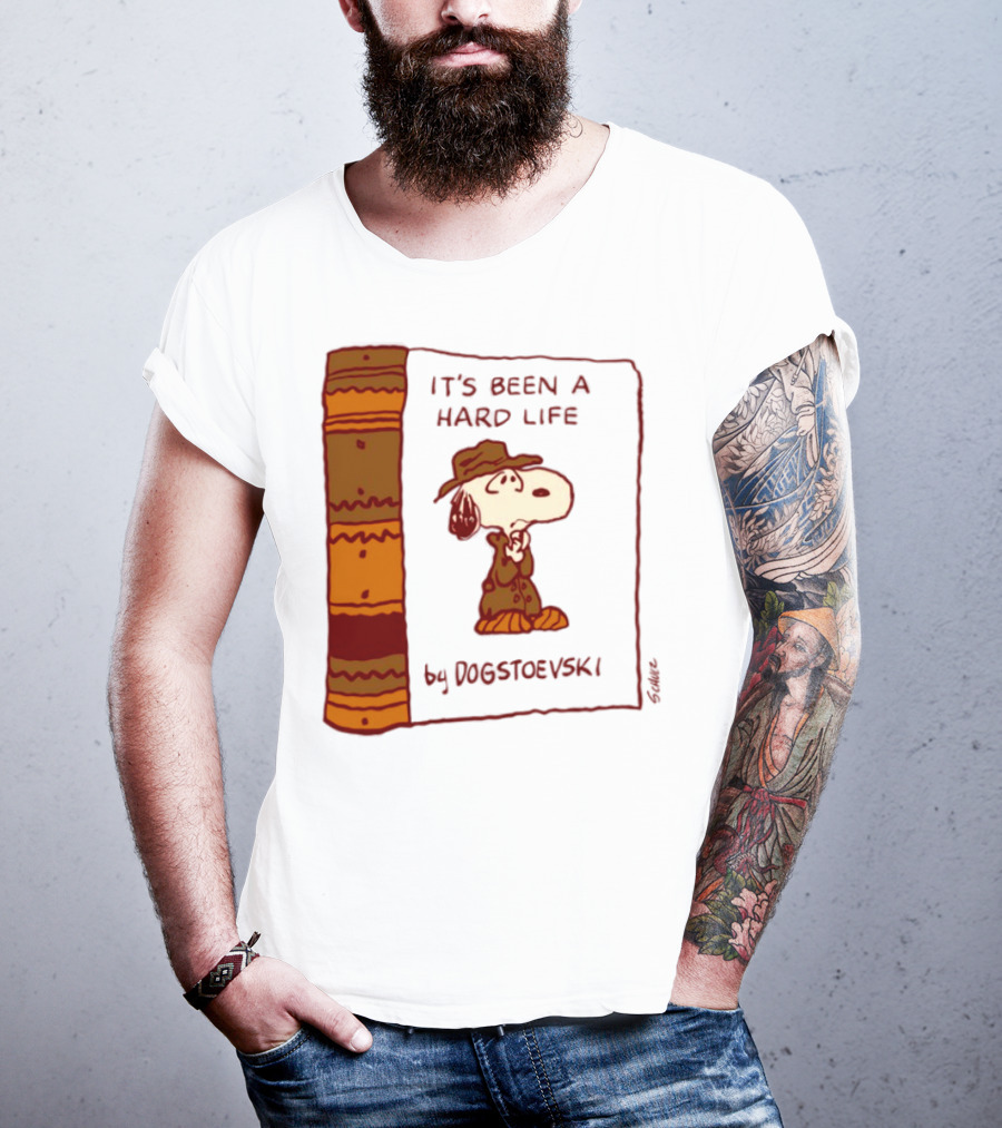 IT'S BEEN A HARD LIFE By DOGSTOEVSKI Snoopy Trench Coat Peanuts Style T-Shirt