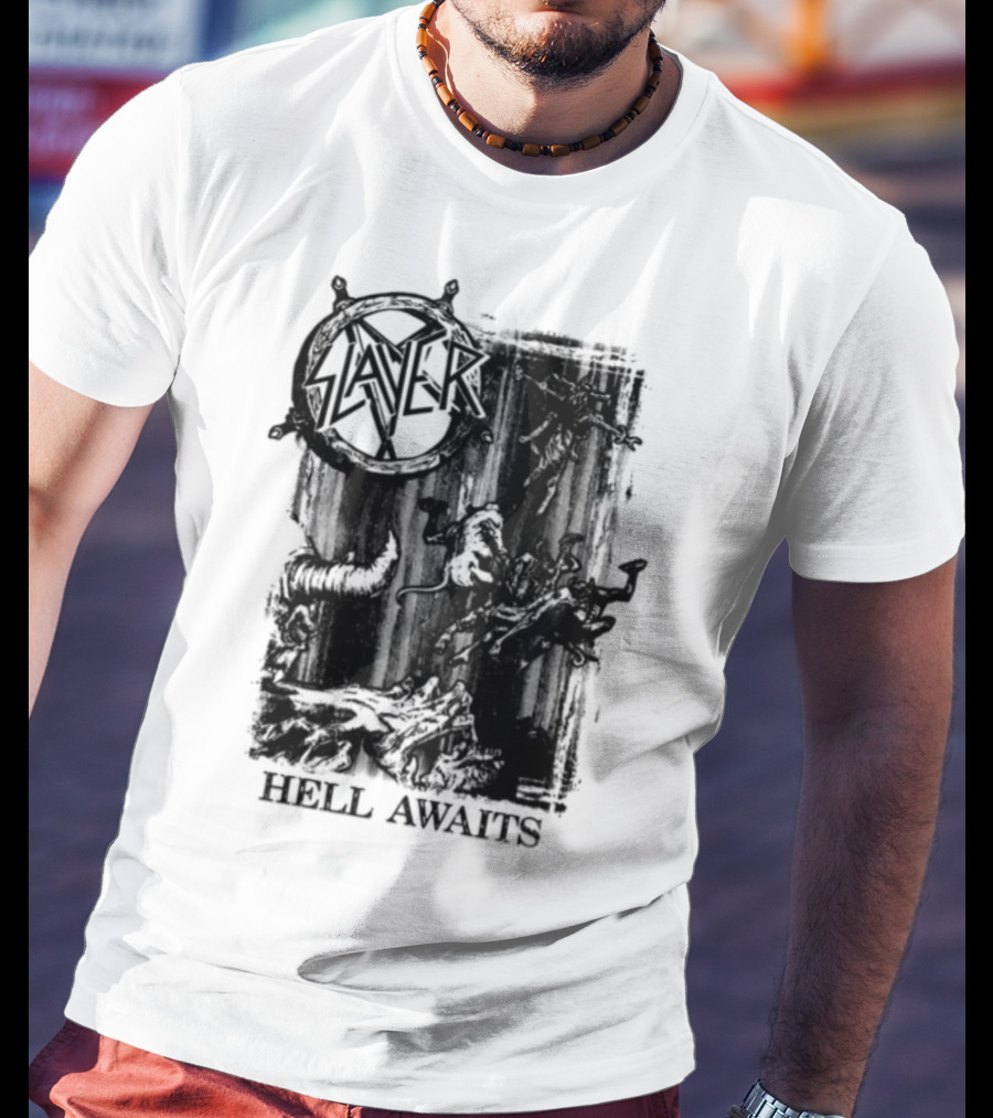 Monochrome Slayer Hell Awaits Acid Iconic Band Art T-Shirt