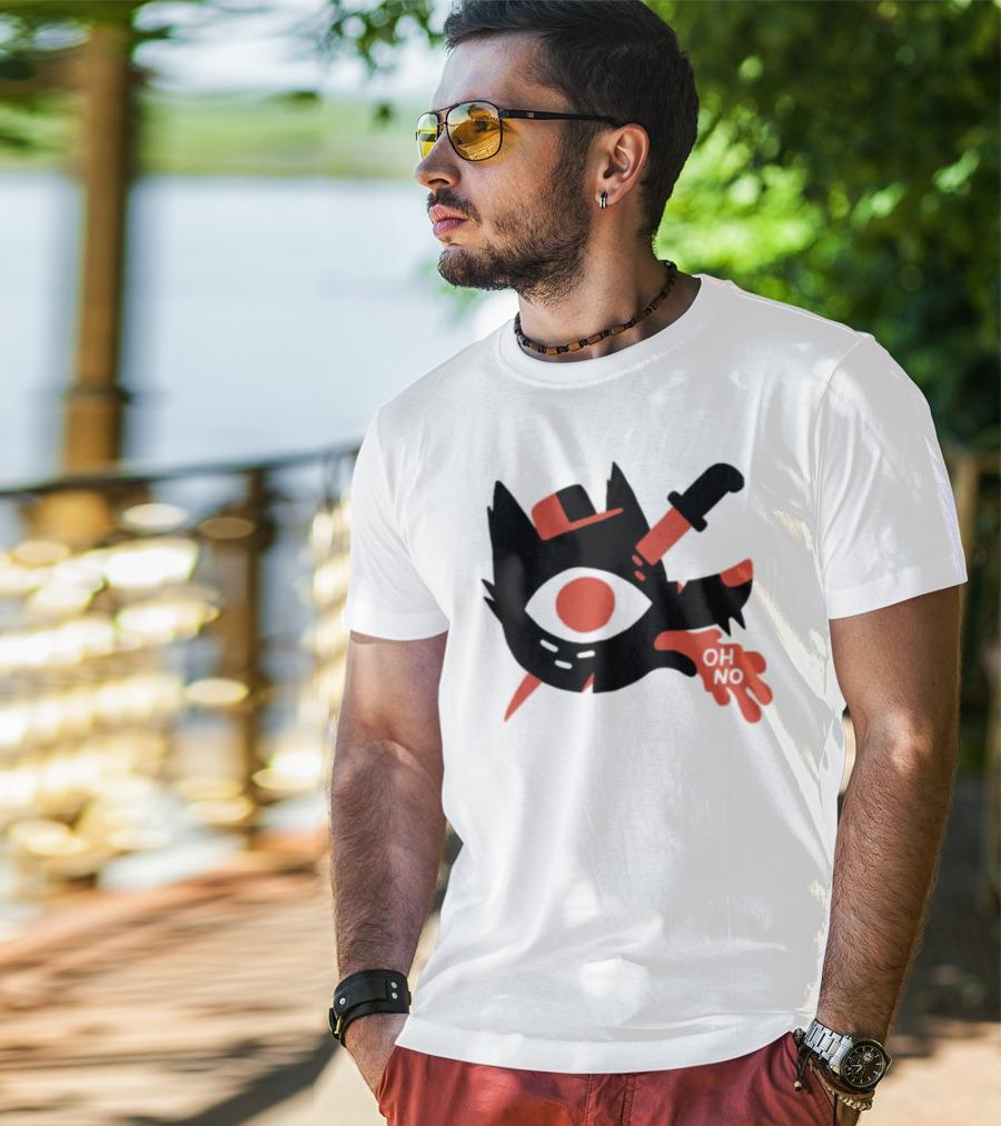 Oh No Dog Red Cartoon Face With Knife And Bone Graphic T-Shirt