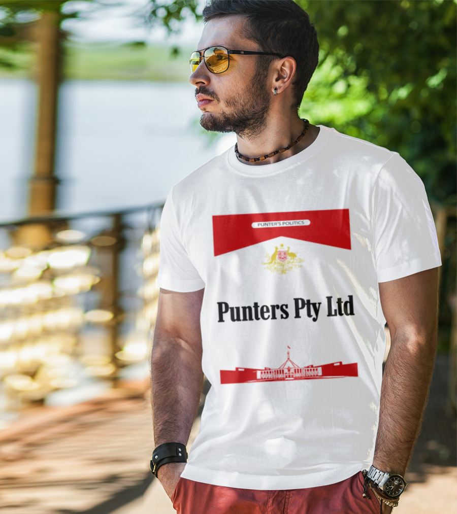 Punter's Lobbyist Uniform Australia's Parliament House Silhouette Red And Gold Emblem T-Shirt
