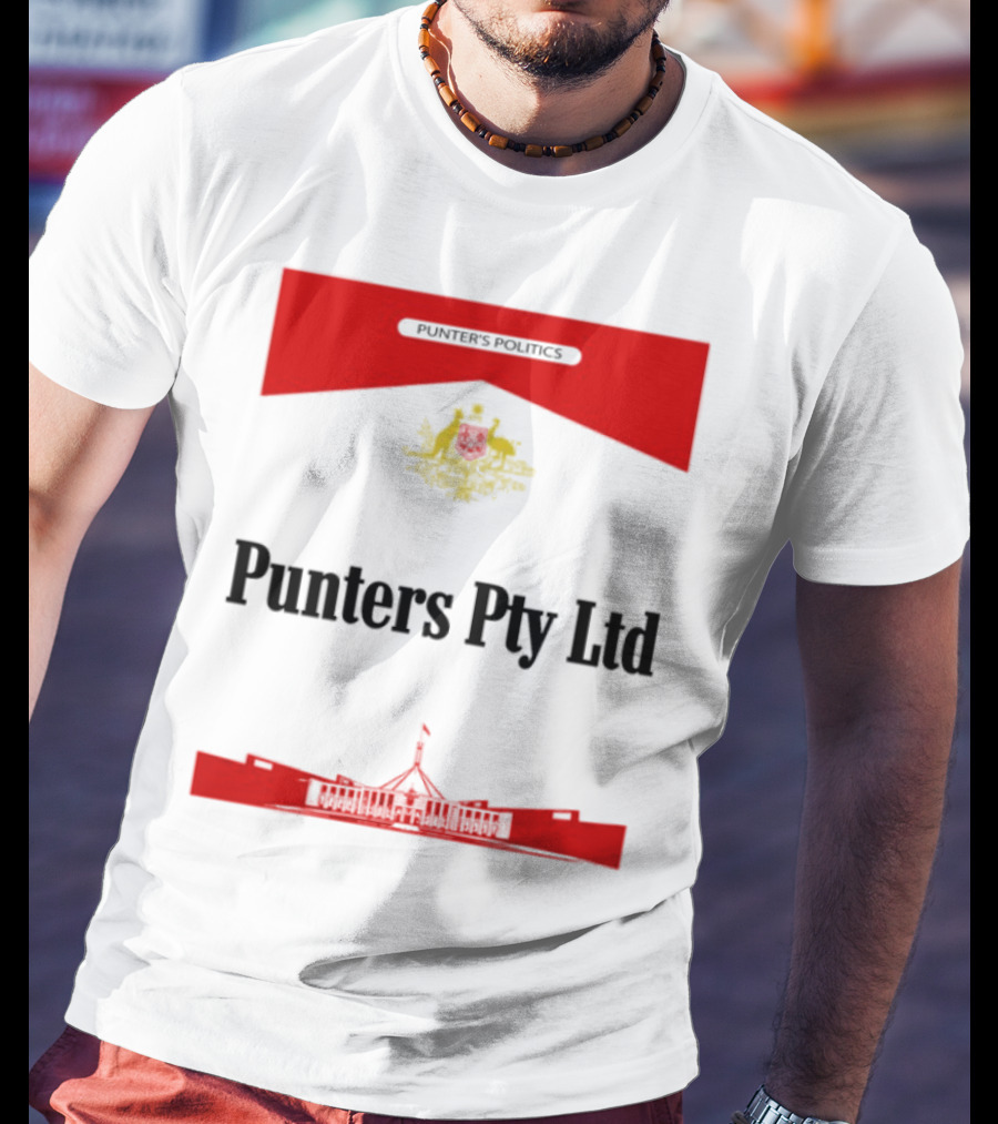 Punter's Lobbyist Uniform Australia's Parliament House Silhouette Red And Gold Emblem T-Shirt