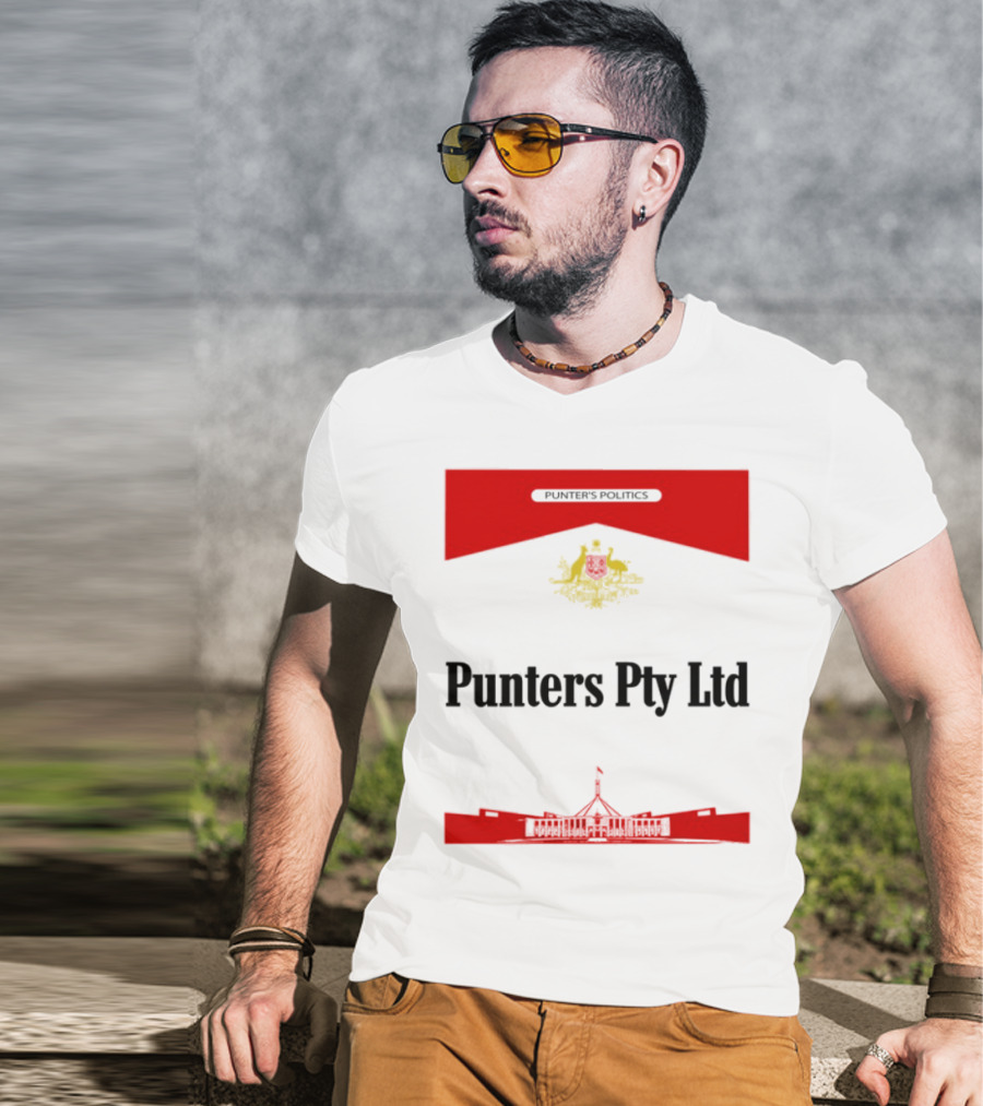 Punter's Lobbyist Uniform Australia's Parliament House Silhouette Red And Gold Emblem T-Shirt