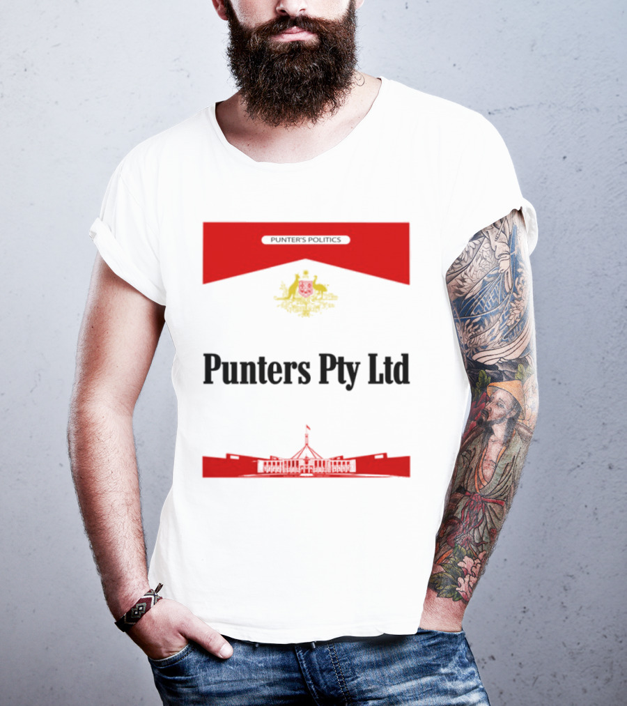 Punter's Lobbyist Uniform Australia's Parliament House Silhouette Red And Gold Emblem T-Shirt
