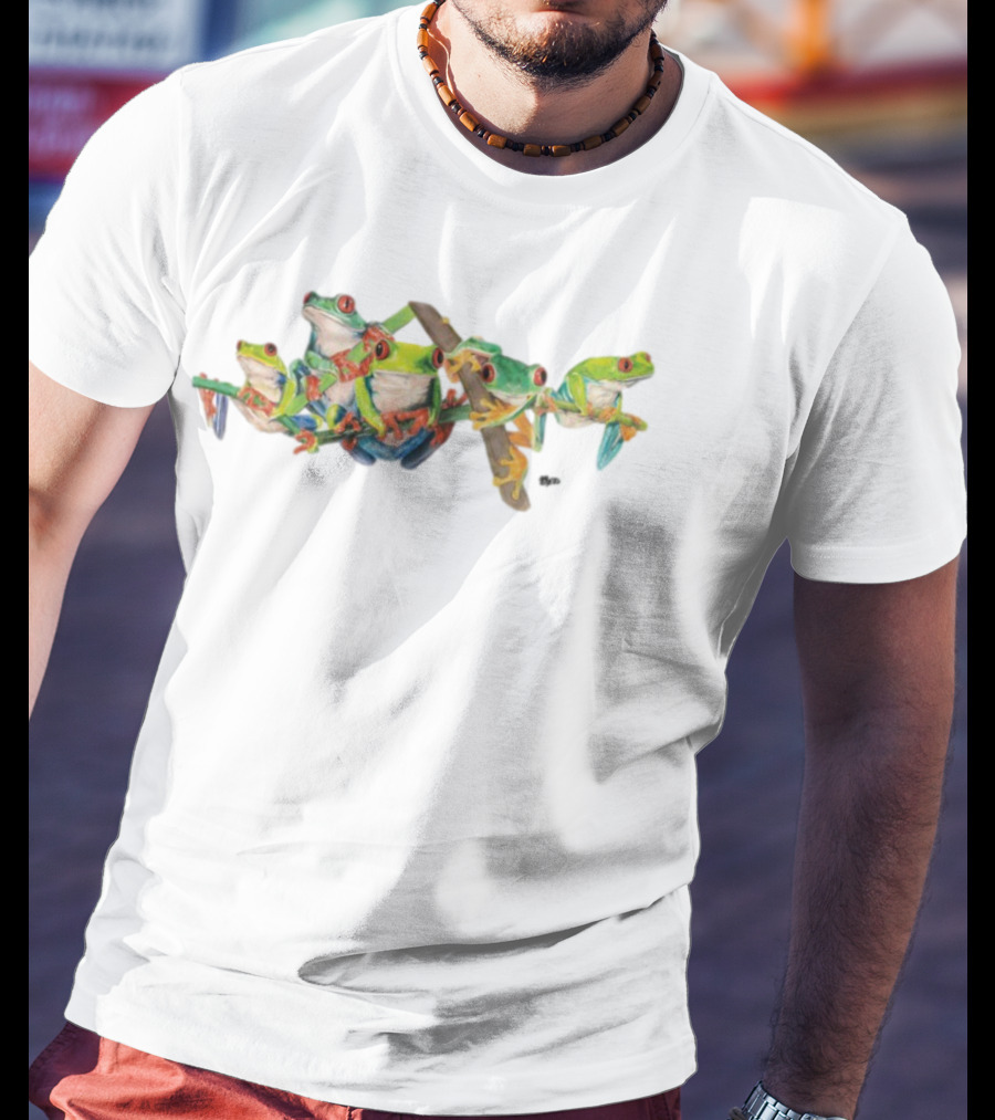 Red-Eyed Tree Frogs Colorful Group Branch Scene T-Shirt