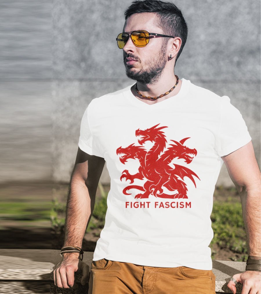 3 Headed Dragon Fight Fascism Anti Fascist Red Dragon Emblem T-Shirt